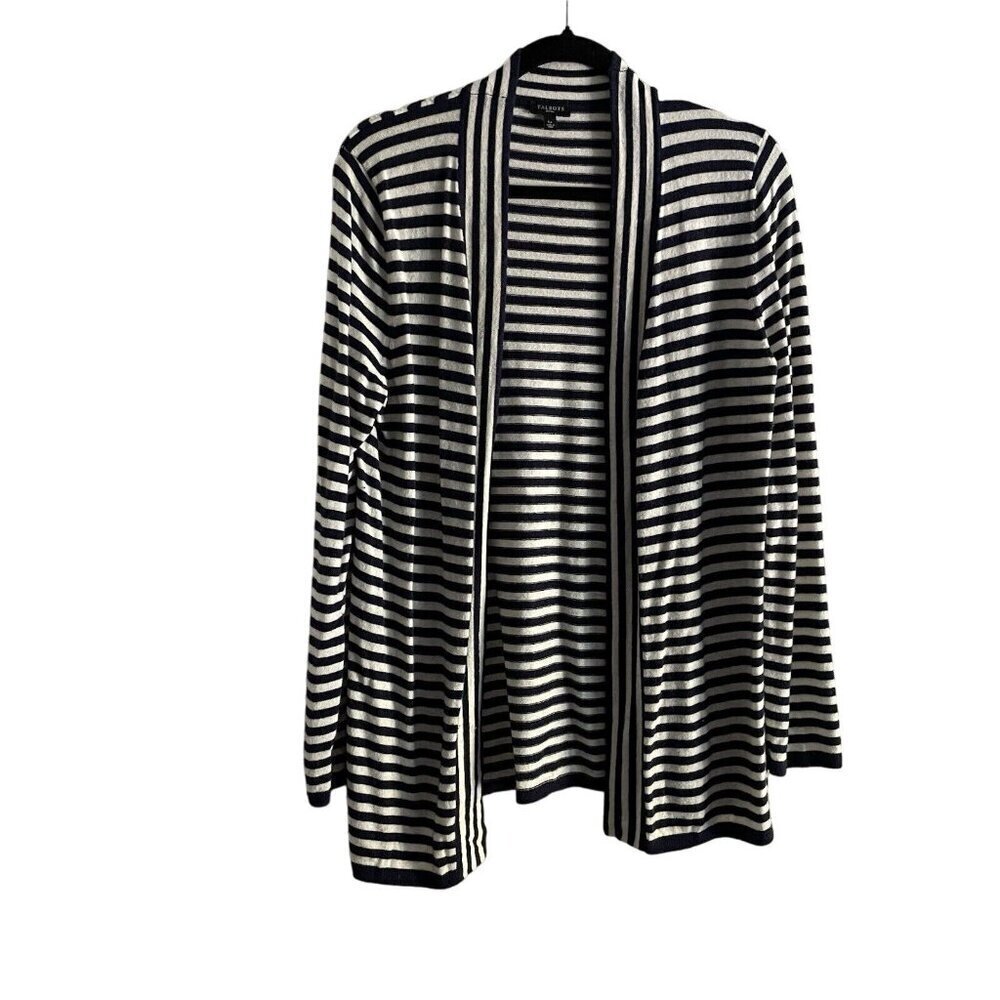 Talbots Women LP Navy Blue White Striped Lambswool Blend Open Front Cardigan